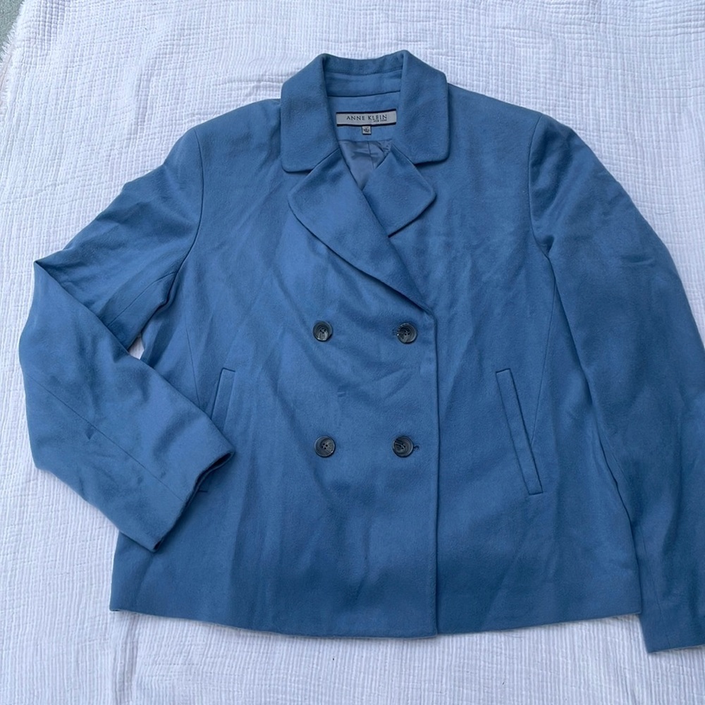 Anne Klein Cashmere peacoat L slate blue 4 button, inside button, faux pockets
